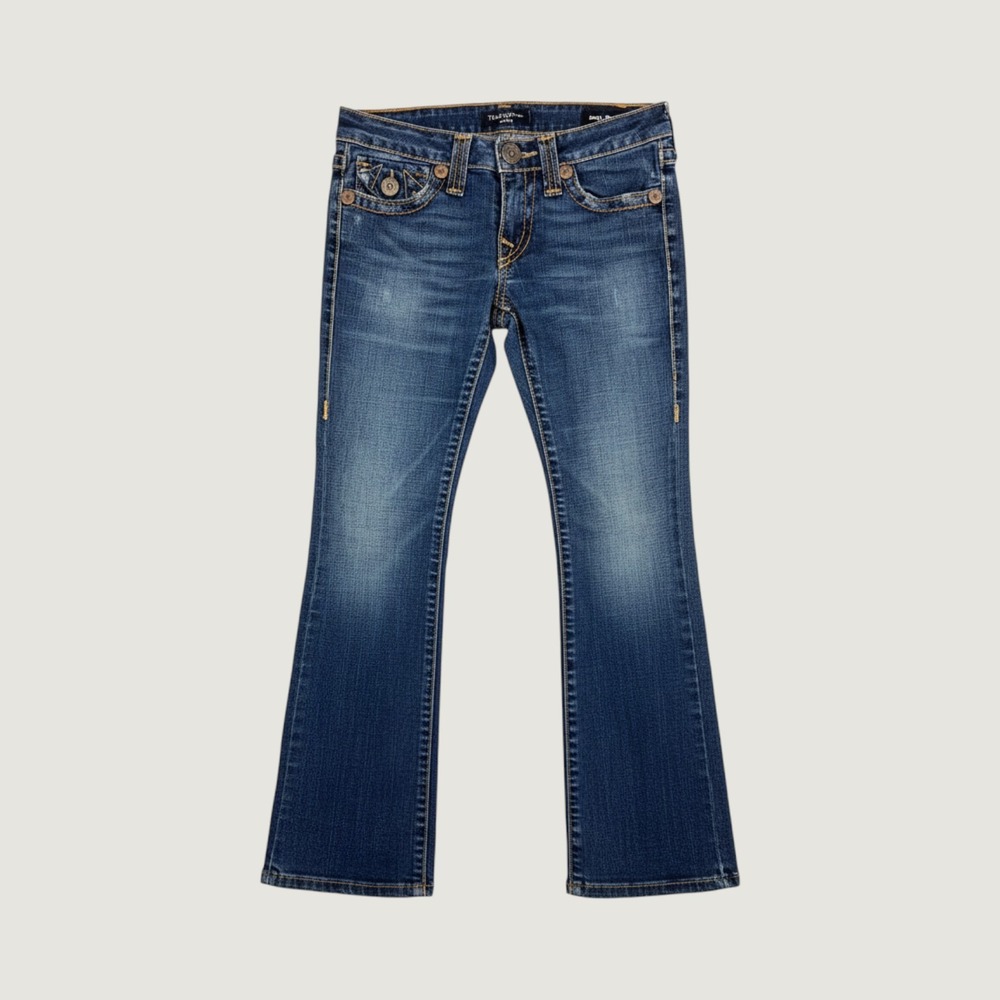 True Religion Joey Big T Jeans Womens 28 Blue Flare Leg Contrast Stitch Y2K USA